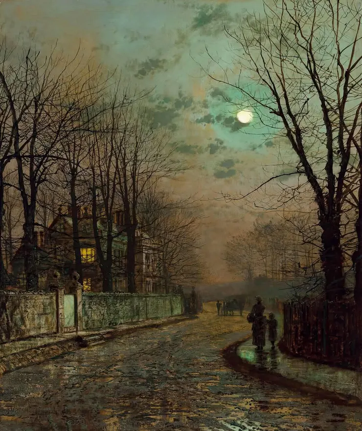 John Atkinson Grimshaw,《A Wet Road, Knostrop, Yorkshire》(1886)
