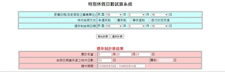 勞動部－特別休假日數試算系統