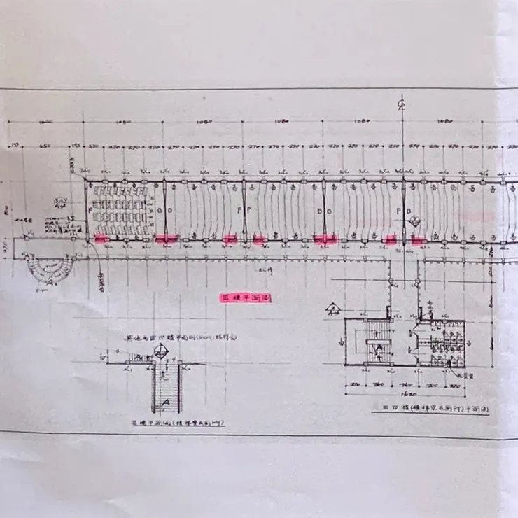 三樓平面圖。以螢光筆標示剪力牆