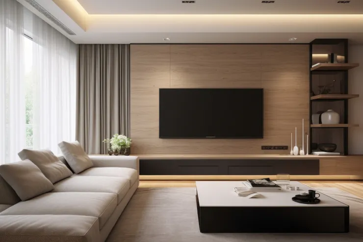 ▲以木皮打造電視牆，呈現木質調的自然氛圍