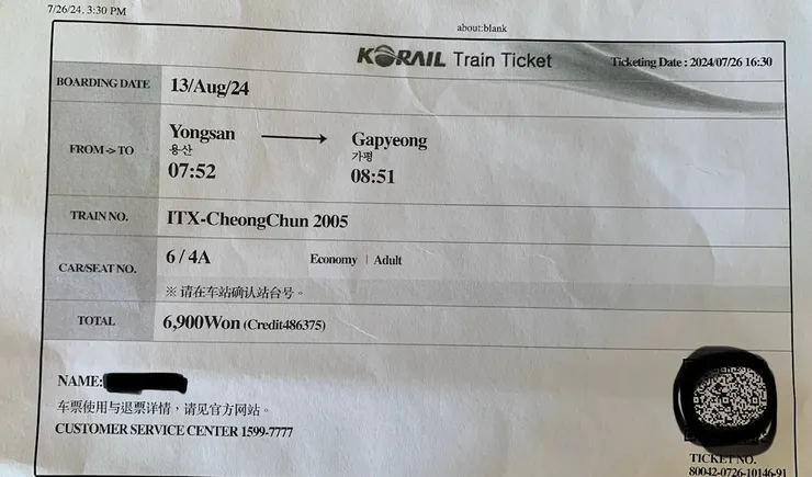 列印出來的車票 - 成人。