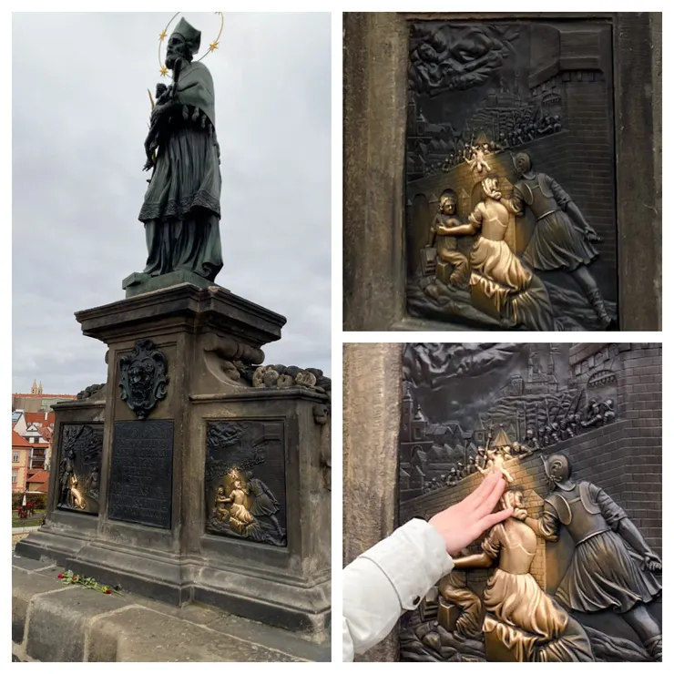 ▲在查理大橋上找著浮雕上聖約翰的身影，據說能讓人願望實現？！