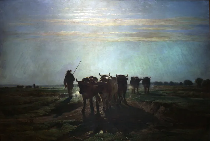 Constant Troyon, Oxes watching to tillage, morning sky 1855