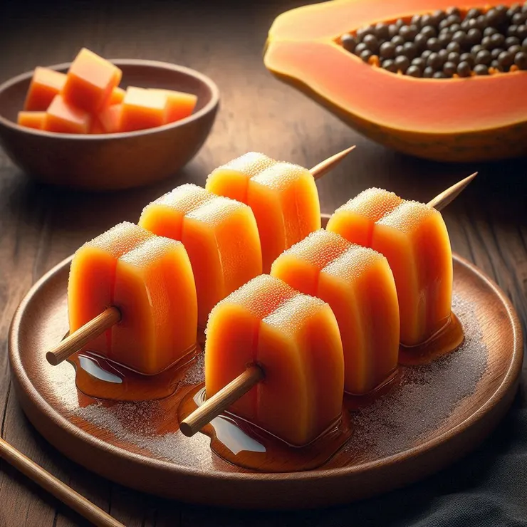 木瓜糖葫蘆。也不知道怎麼切的。有冰凍過的痕跡。