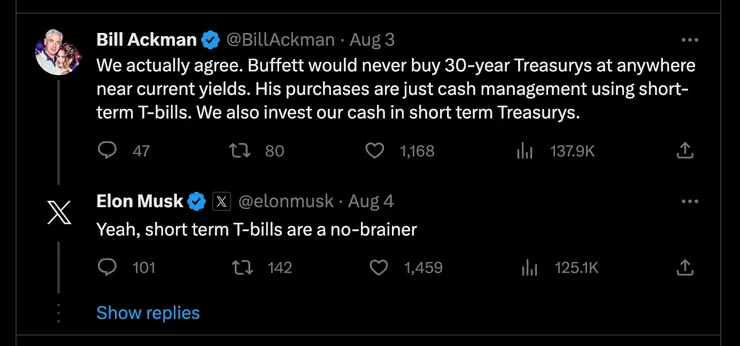 馬斯克評論巴菲特買美國短期債券是穩賺不賠的無腦投資。