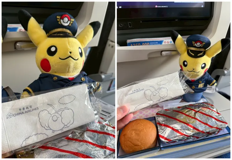 連餐巾紙都印上寶可夢圖案，飛行旅程瞬間變成打卡景點。圖/李明真拍攝、後製