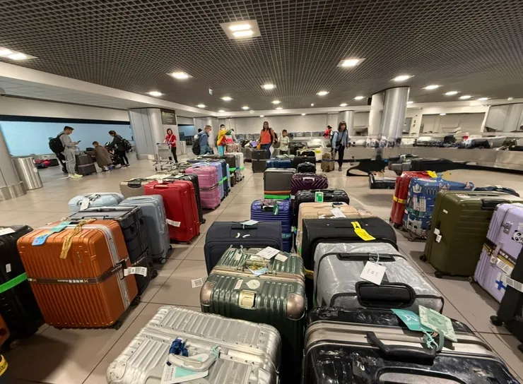 輸送帶𨍭盤放不下那麼多的行李，等我們拿行李的時候，旅客的行李已經排排站好