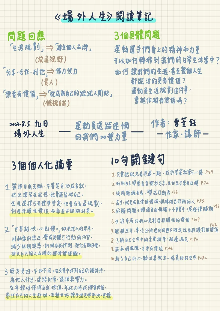 《場外人生》閱讀筆記(參考荃鈺老師心智圖架構)