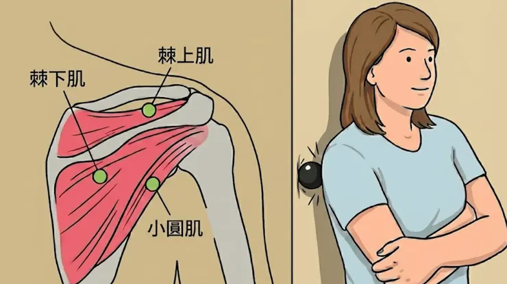 肩旋轉肌群的關鍵激痛點與放鬆實作。 左圖標示了容易產生痠痛的「棘上肌」、「棘下肌」與「小圓肌」及其激痛點（綠點）；右圖示範如何將手臂抱胸，利用體重與牆面，針對這些位置進行精準的按摩球放鬆。