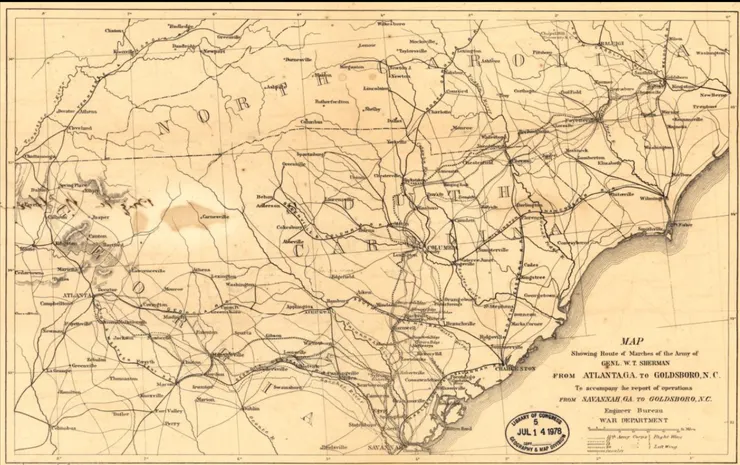 南北戰爭時北軍Sherman發動長征的路徑圖 （來源：美國國會圖書館）