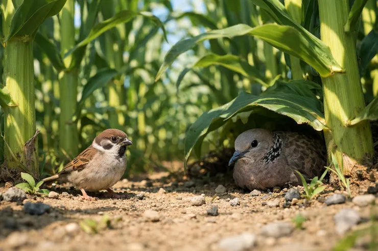 小麻雀和大斑鳩在玉米田相遇