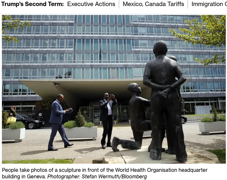 圖片及新聞英文原文出處https://www.bloomberg.com/news/articles/2025-01-24/who-freezes-hiring-and-cuts-costs-after-trump-signals-us-exit?srnd=phx-industries