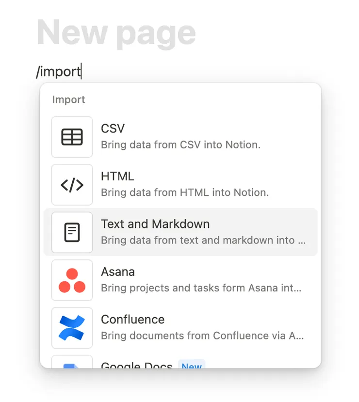 02 將匯出的 Markdown 檔案匯入 Notion|輸入 Import 搜尋 Markdown & CSV 功能
