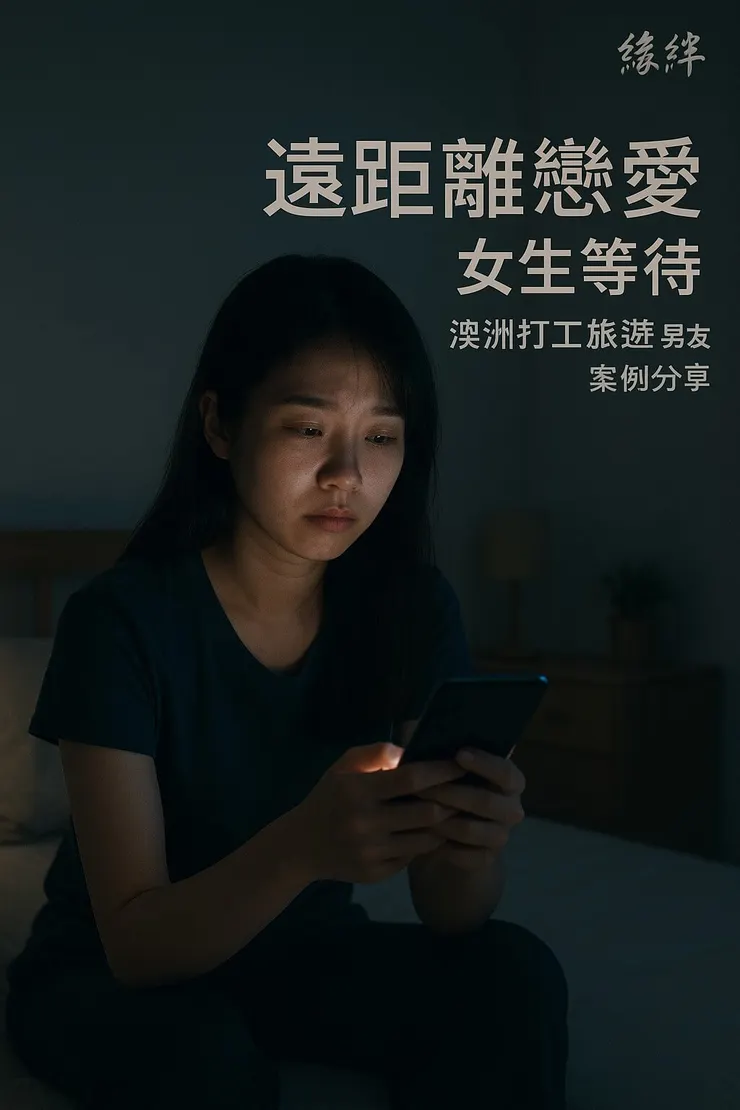 一位台灣女生深夜獨自滑著手機，臉上充滿對遠距離戀愛的焦慮與不安，等待著在澳洲打工男友的訊息，這是許多緣絆法術客戶的真實心境寫照。