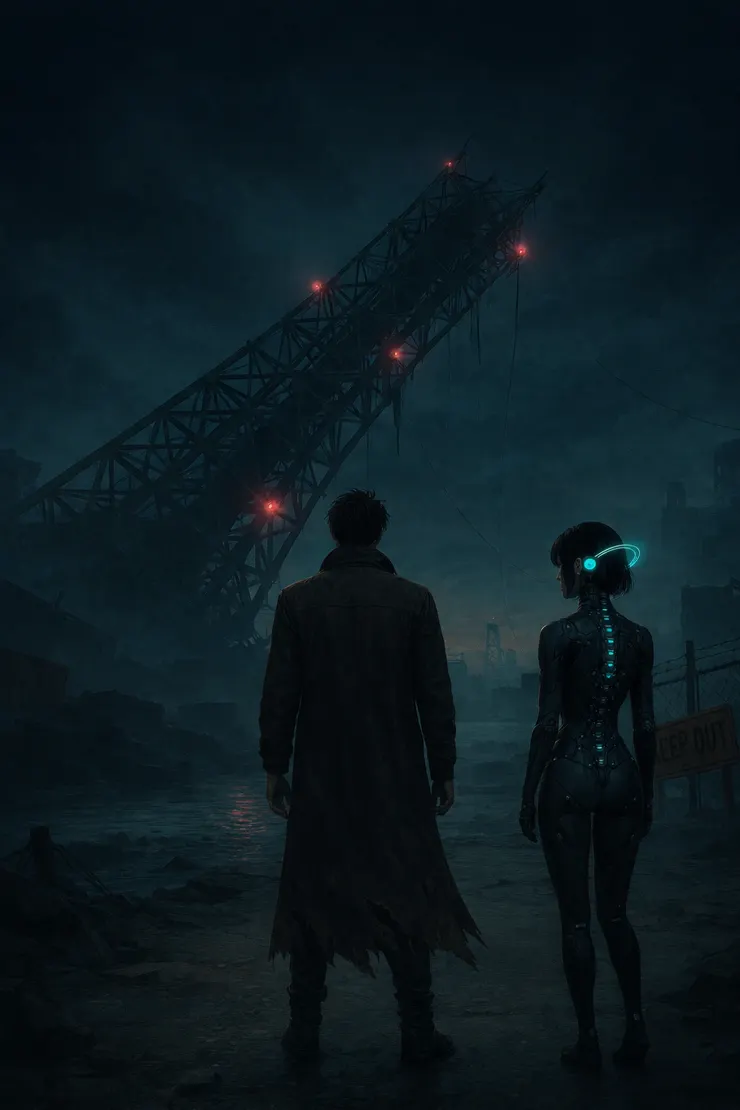 【插圖 #3】陽翔與優娜佇立於閃爍紅光的崩毀巨塔前