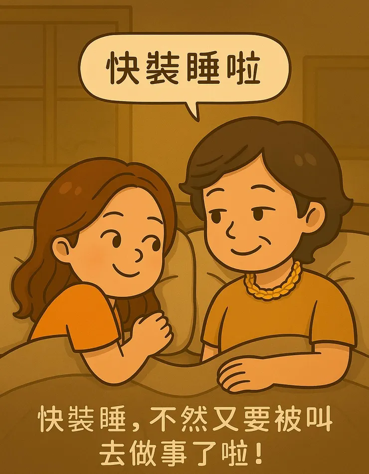 我用火箭速度衝回棉被裡， 把媽媽一秒推去擋風口。 然後我們默契地對看、偷笑—「快裝睡啦！不然又要被叫去做事了！