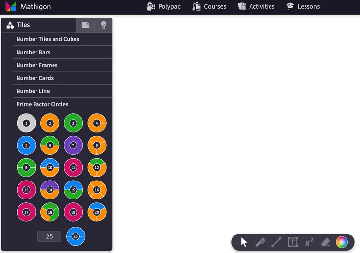 螢幕左半邊為Prime Factor Circles