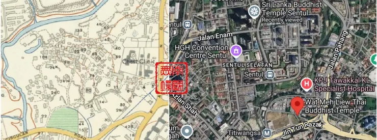 吉隆坡暹羅村一帶的今昔對照圖。-"Kuala Lumpur"Map,1957,Survey Department,Federation of Malaya;Google Map,2024,Airbus Maxar Technologies