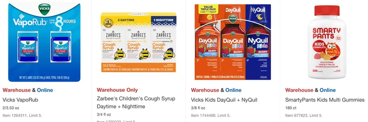 Vicks止咳鎮痛藥 $13.99,Zarbee's兒童感冒藥糖漿$19.99,Vicks兒童感冒糖漿$15.99,兒童綜合維他命(軟糖)$16.29。
