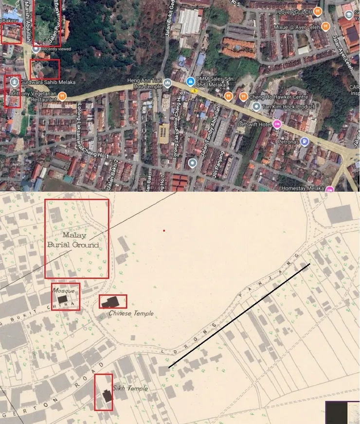 甲州昔日羅弄班讓路與今日鄭和將軍路周圍地圖比較。 -Town Plan of Malacca,2nd Edition,1945,War Office;Google Map.