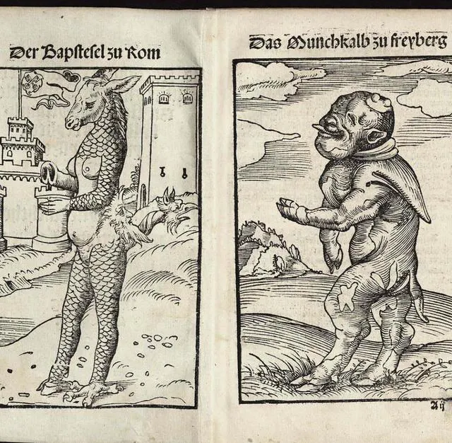 路德攻擊宗教的小冊子上畫著教皇騾和修士小牛 