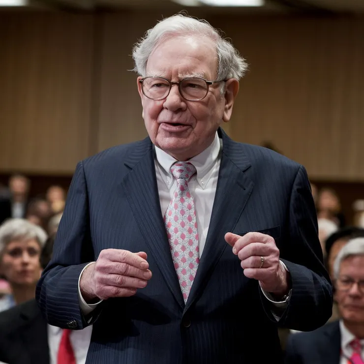 A photo of Warren Buffett giving a speech. He is wearing a suit and tie. The background is a room with multiple people.