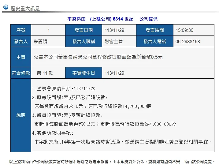 世紀於11/29號公告拆股