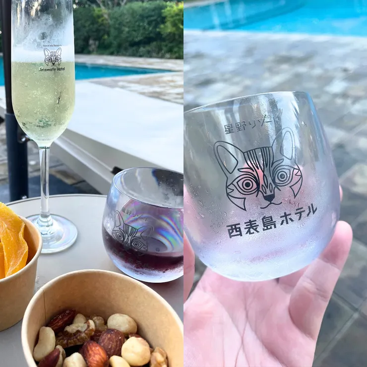 下午時段的免費飲品與點心，飯店的玻璃杯也印著西表山貓，好可愛