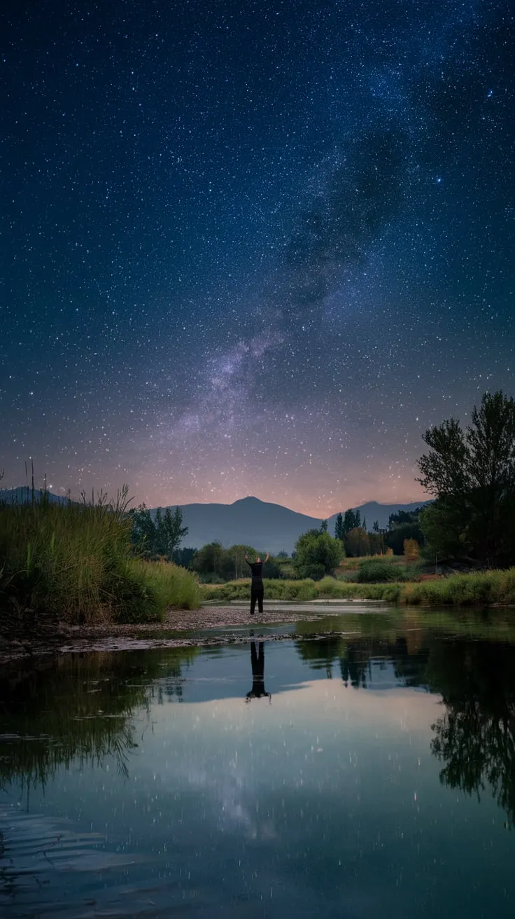 A photo of a starry sky reflected on a calm river. There is a solitary figure standing on the riverbank, with their hands raised towards the sky. The background reveals a serene landscape with mountains and trees. There is a sense of tranquility and connection with nature in this image.