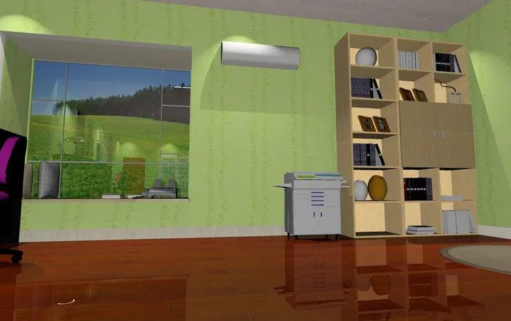 後面是冷氣機和影印機。我很怕被風口直吹，所以不能建到我位置附近。模擬市民唯一欠缺的便是影印機。