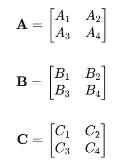 Ａ ＝ [ A_1 , A_2；A_3 , A_4 ] ；B ＝ [ B_1 , B_2；B_3 , B_4 ] ；C ＝ [ C_1 , C_2；C_3 , C_4 ]
