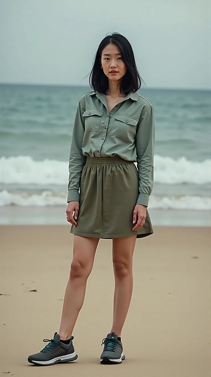 UV protection long-sleeve shirt, hiking skirt, low-profile sneakers