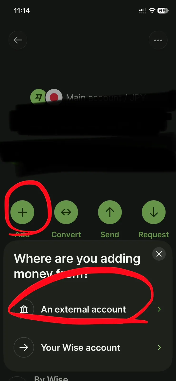 日幣帳戶點 Add 新增金額，點外部銀行（external）
