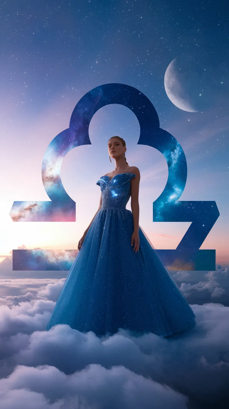 A photo of a Libra zodiac sign in the shape of a woman wearing a stratospheric blue dress. The dress has a celestial, cosmic, and mystical design. The woman is standing on a cloud. The background is a sky with stars and a moon. The image has a aesthetically pleasing perspective.
