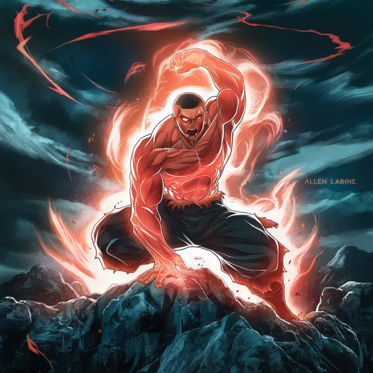 A captivating anime-style illustration of a character named Majembo undergoing a transformative process, now known as Allen. His muscular form is surrounded by a striking red aura, highlighting his immense power. The scene takes place on rugged, rocky terrain, with Allen standing tall and staring determinedly into the distance. The sky overhead is filled with mysterious red energy, adding to the overall intensity of the scene. The dark and moody backdrop emphasizes the radiant energy emanating from Allen. The signature "Allen Labine" at the bottom of the piece proudly displays the artist's unique and creative touch.