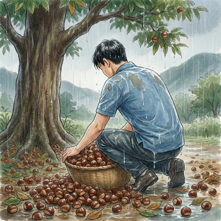 我按照耶穌的教導去做，一大清早就冒雨來到栗子樹下