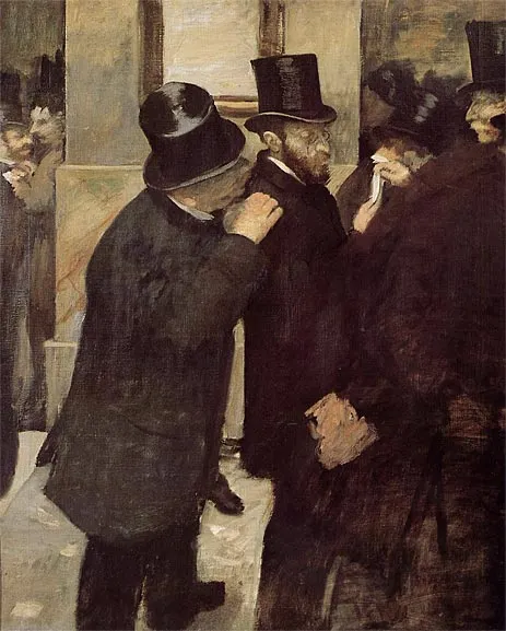 Edgar Degas, Portraits at the Stock Exchange, c. 1879, Musée d'Orsay, Paris. Public Domain via Wikimedia Commons.