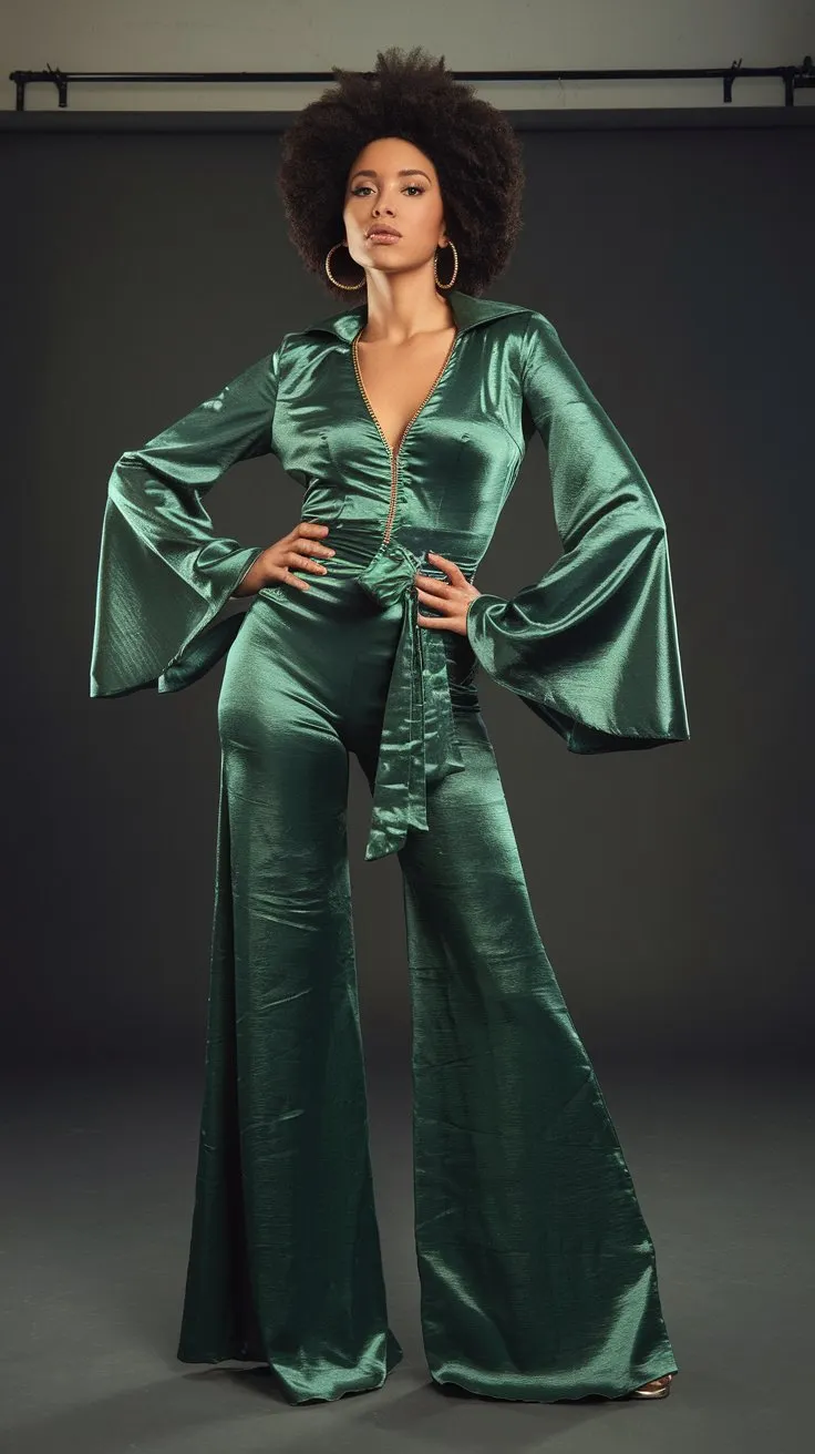 A full-length studio portrait of a woman confidently posing in a 1970s-style jumpsuit. The jumpsuit is made of a shimmering emerald green satin fabric, featuring a plunging V-neckline, wide flared legs, and a cinched waist with a self-tie belt. She is wearing gold hoop earrings and has her hair styled in a voluminous afro.