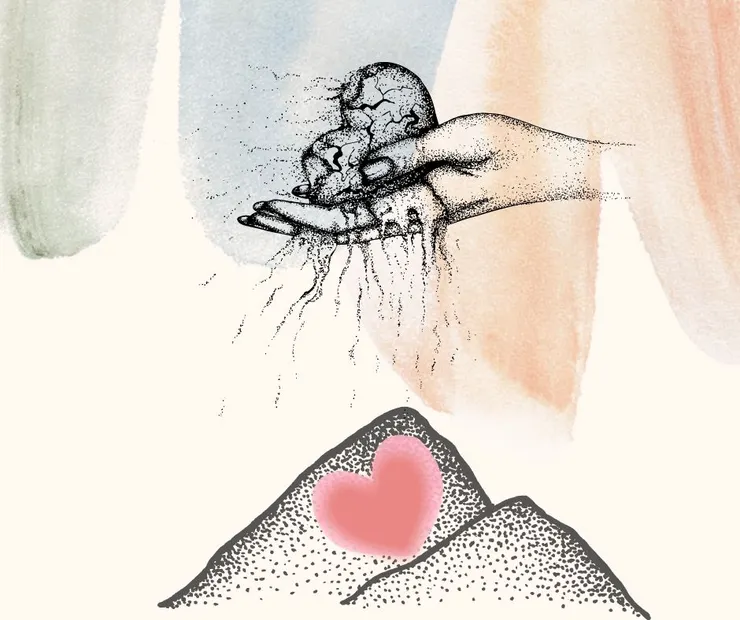 一顆裂痕的心泥沙般落下後恢復成一顆粉紅色的心 圖片來源: Canva