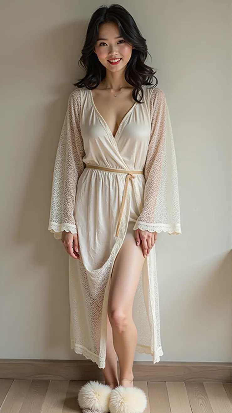 Silk slip dress, lace robe, fluffy slippers( 絲質吊帶睡裙,蕾絲浴袍,毛絨拖鞋 )