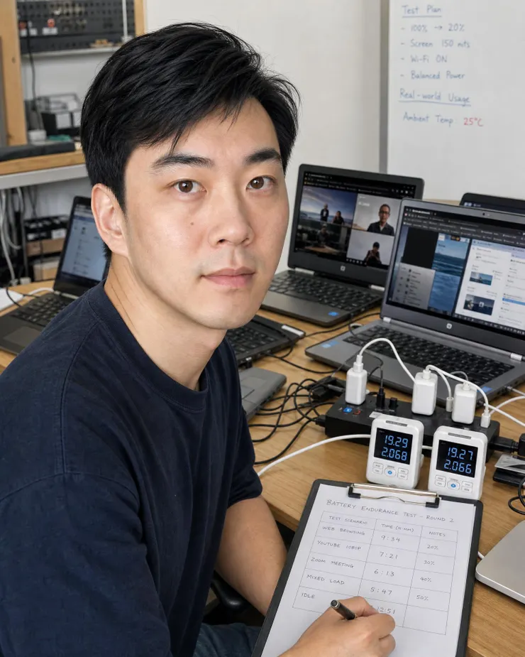 梁练伟进行 AI PC 续航和散热对比测试