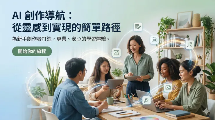 這是一個 AI 課程官網首頁 Banner， 給新手創作者看， 希望感覺專業、安心、不複雜。