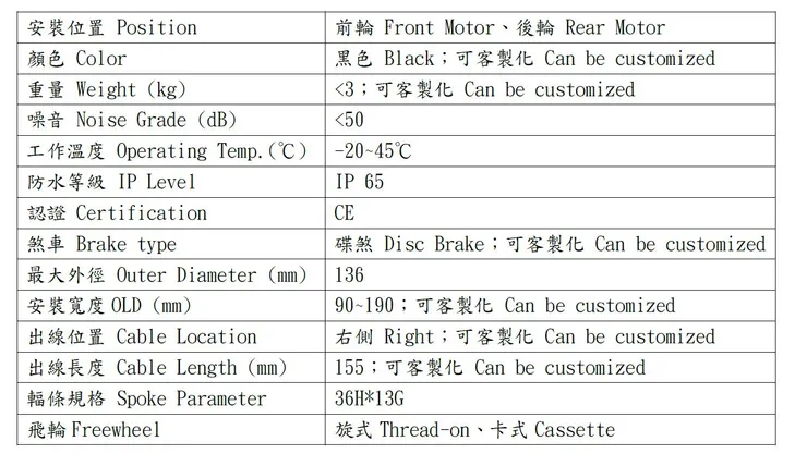 輪轂馬達進階規格表
