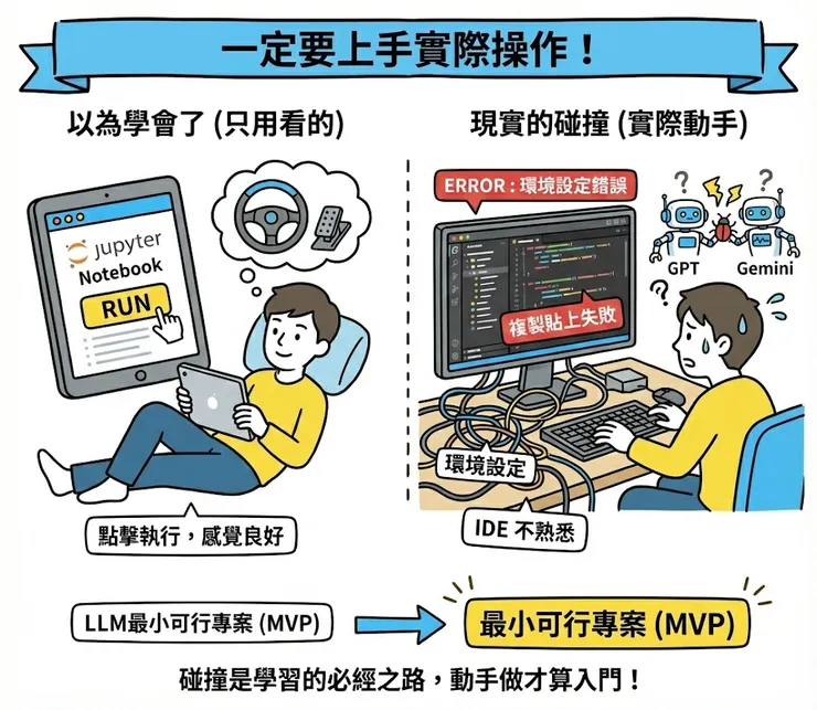 實際操作才能入門 (Gemini繪製)