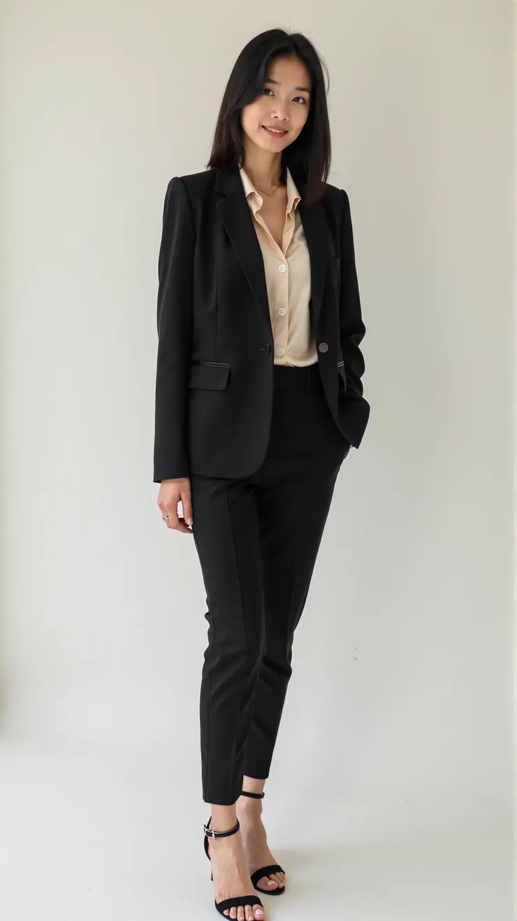 Fitted blazer, silk blouse, cigarette pants, ankle strap heels( 修身西裝外套，絲質襯衫，煙管褲，踝帶高跟鞋 )