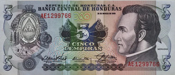宏都拉斯貨幣5侖皮拉紙鈔上的Morazán 側臉肖像