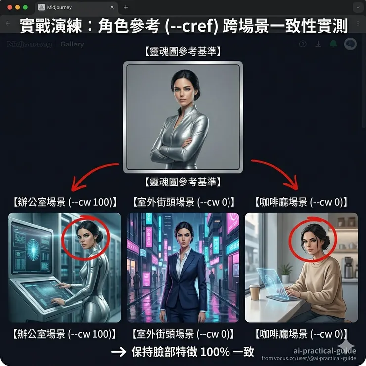 Midjourney實測:使用(--cref)參數在不同場景(辦公室、街頭、咖啡廳)下保持角色臉部特徵一致