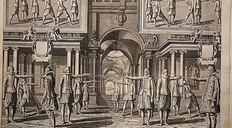 Thibault的Académie de l’Espée (1630)描繪當代劍客在劍術學院學習Destreza的過程