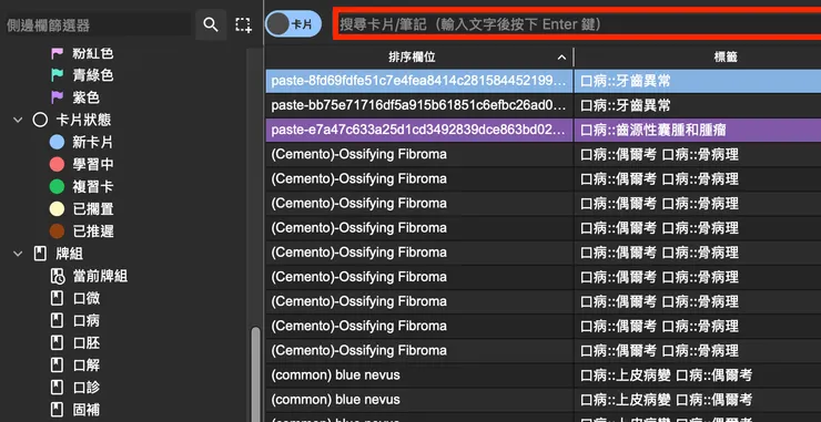 Anki 搜尋框(紅色框框)