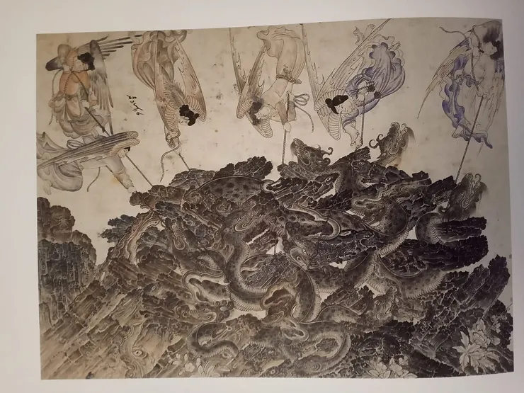 天使們奮力拼搏，用鎖鏈拴住一條惡魔龍。在圖片的左側，阿斯莫德的頭隱藏在惡魔化身的峭壁上。這幅圖像以天使的形式傳達了惡魔激情與理性智慧之間的鬥爭，據說發生在人類的心中。來自西耶卡拉姆，1478年